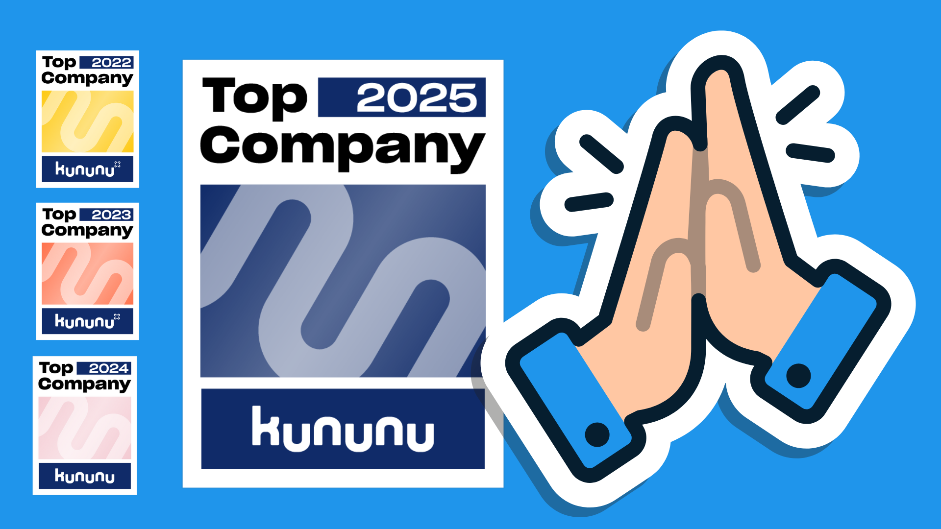 Kununu: Top Company 2022, 2023, 2024, 2025 . Zwei Hände schlagen ein.