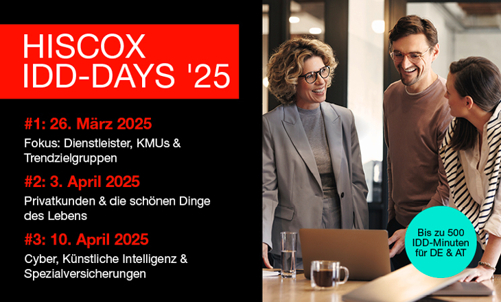 Titel und Details auf linker Seite, 3 sich unterhaltende Menschen rechts