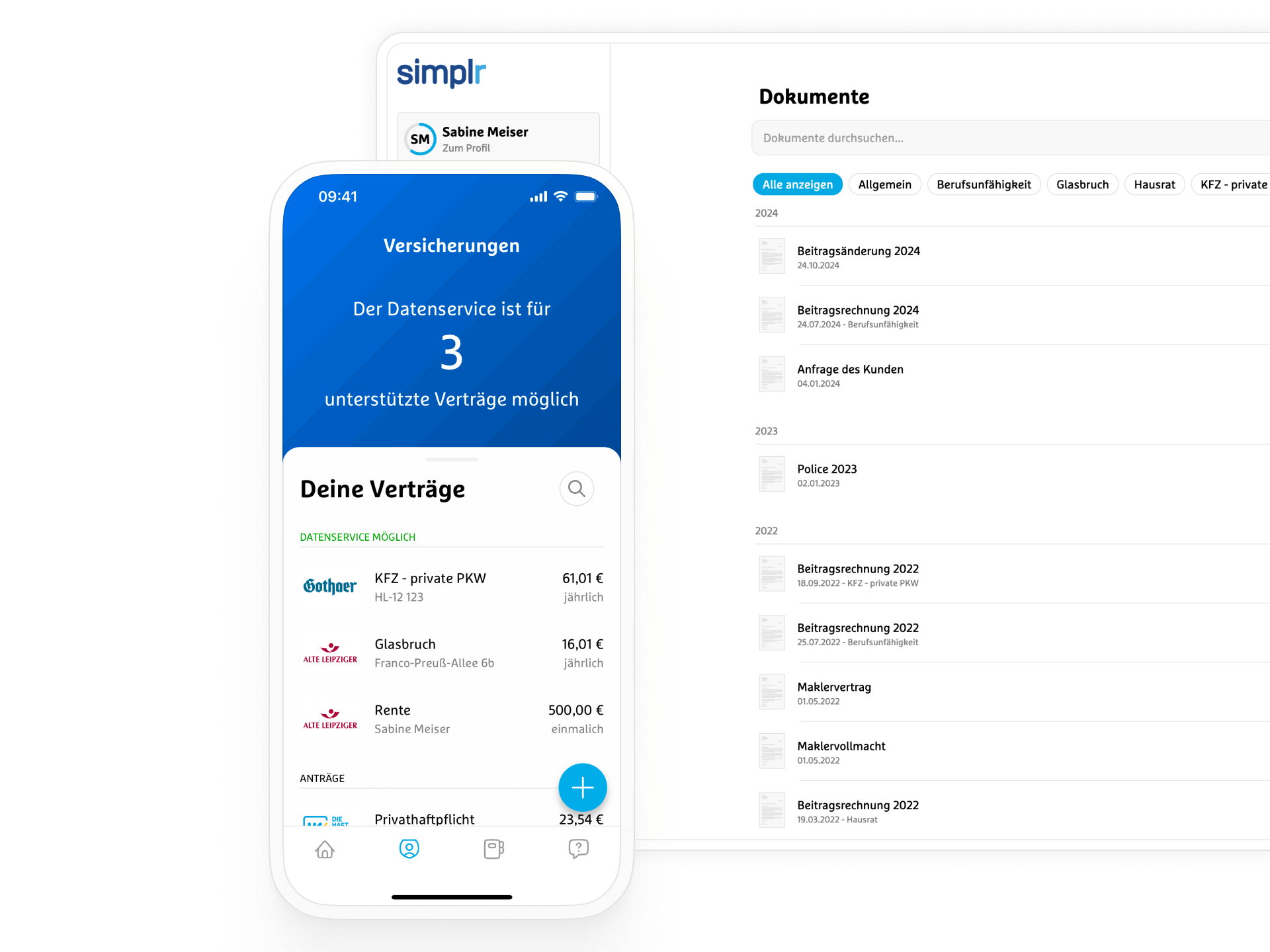 Im Hintergrund ist das simplr Dashboard mit einer Dokumenten Auflistung. Im Vordergrund sieht man die Handy Version mit den Verträgen.
