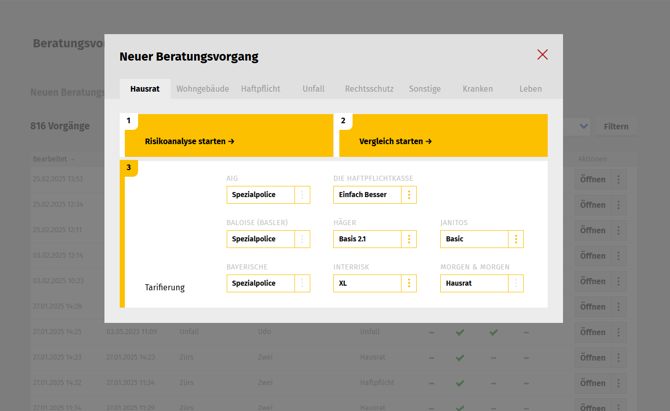Kleines Fenster zum Teil Hausrat des neuen Beratungsvorgang mit den Schritten Risikoanalyse starten, Vergleich starten, und der Tarifierung.