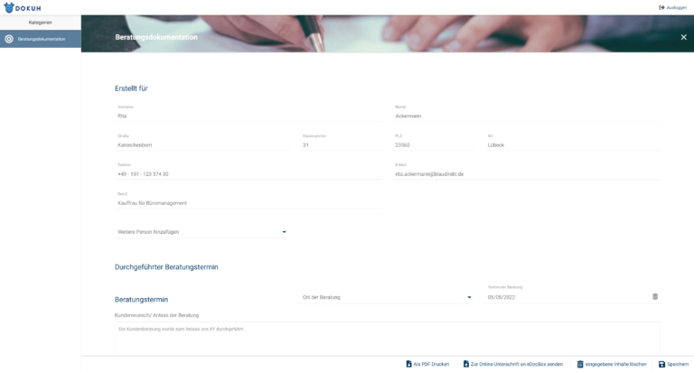 Beratungsdokumentation Seite auf DoKuh, mit Informationen wie Name, Adresse, Beruf usw. zu einem bestimmten Termin.