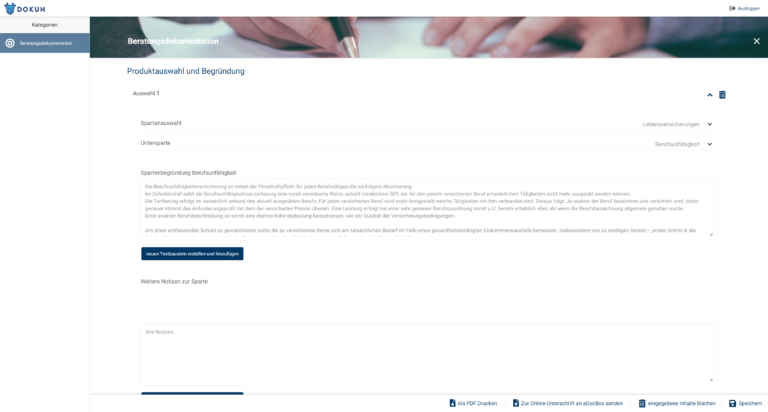 Produktauswahl und Begründung Seite auf DoKuh mit Sparten von Lebensversicherungen, Berufsunfähigkeit und Sparten der Begründung der Berufsunfähigkeit.