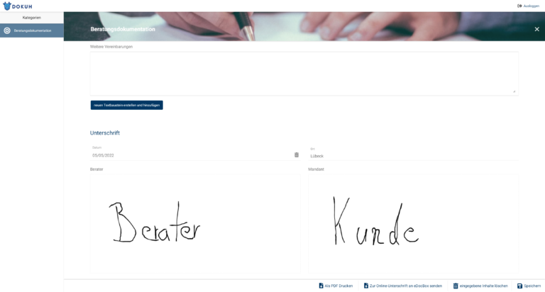 Beratungsdokumentation mit Online-Unterschrift auf DoKuh.