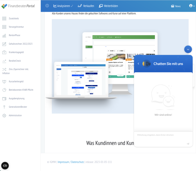 FinanzberaterPortal Dashboard mit den Funktionen links, eine Laptop Abbildung in der Mitte und einem neuen Chat rechts.