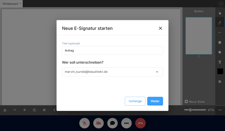 Geöffnetes Fenster, um eine neue E-Signatur zu starten, mit Eingabe vom optionalen Titel und wer unterschreiben soll.