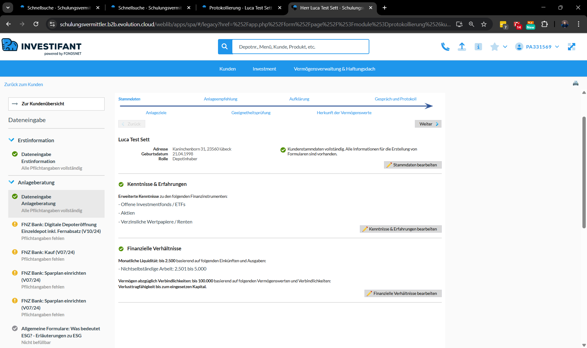Übersicht einer Beratungssstrecke im INVESTIFANT