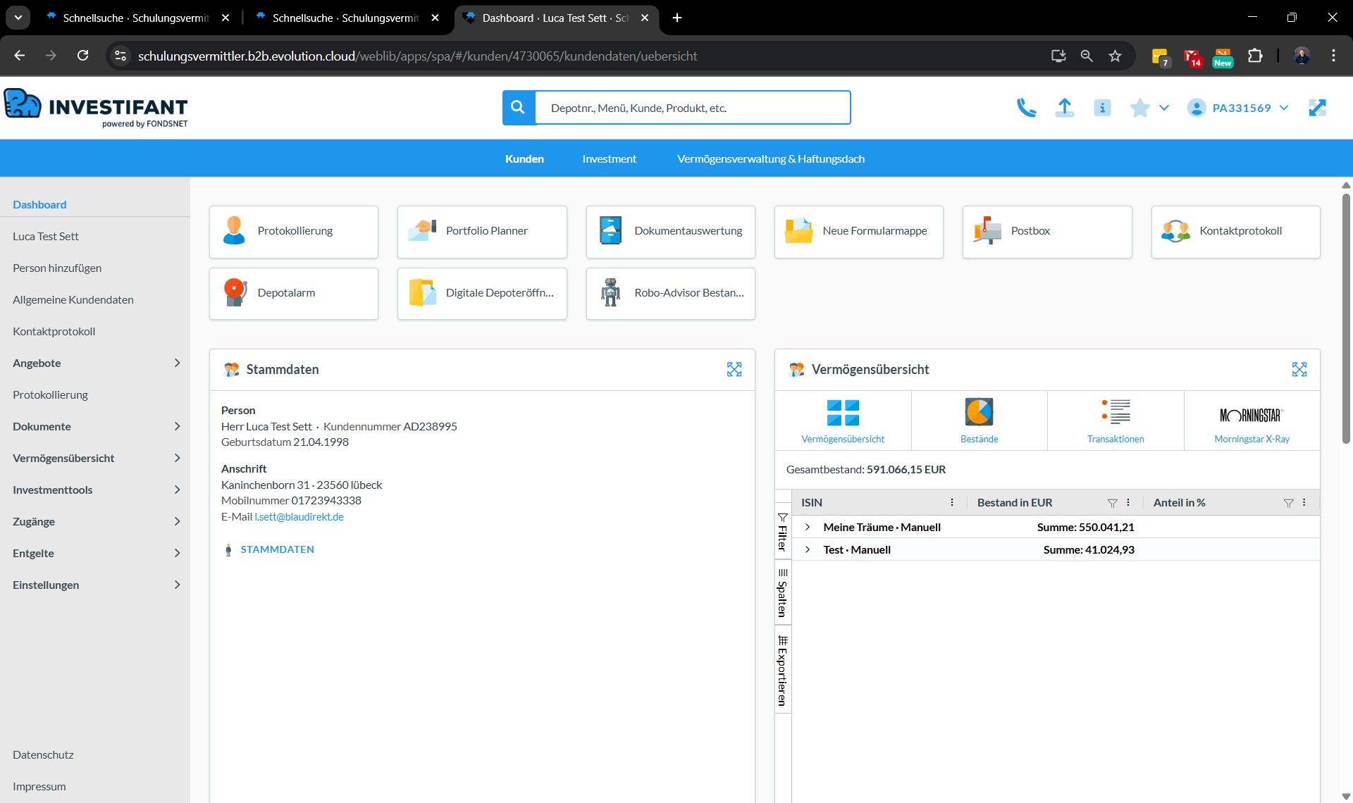 Dashboard der Kundenübersicht im INVESTIFANT