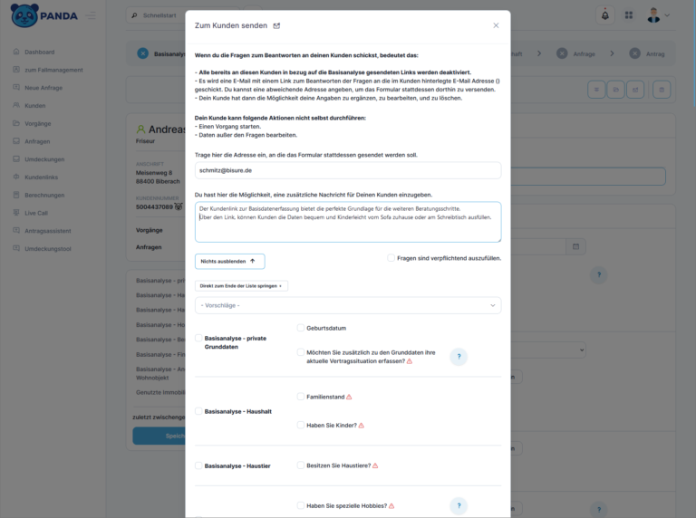 Geöffnetes Fenster auf PANDA mit Basisanalyse Fragen zum Kunden, sein Haushalt, und seine Haustiere.