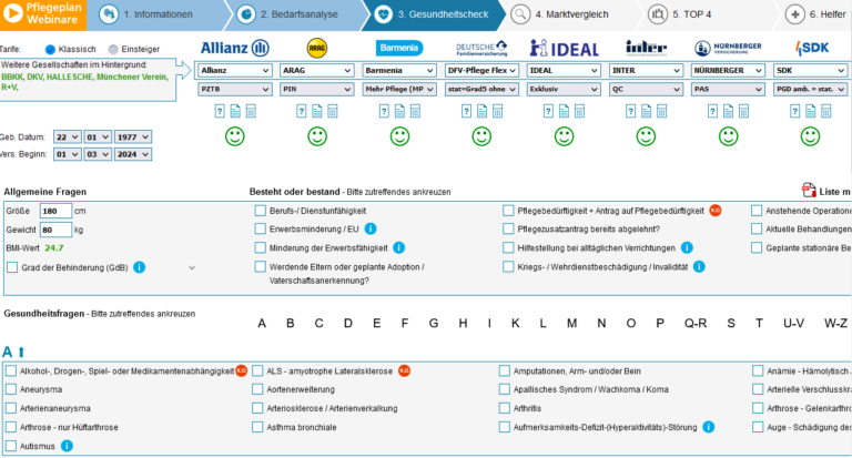Allgemeine Fragen und Gesundheitsfragen zum Bedarfscheck mit Ankreuzmöglichkeiten. Oben wird der Pflegeplan Webinare in Schritten gezeigt.