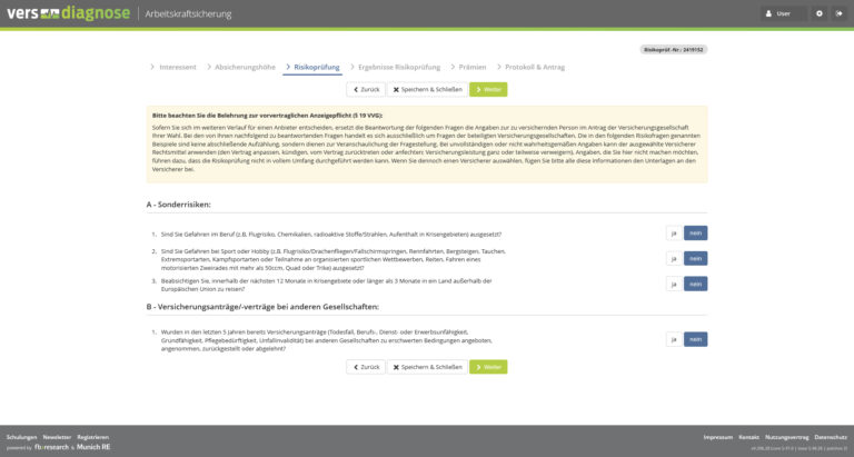 Fragenkatalog zu den Sonderrisiken und Versicherungsanträge oder Verträge bei anderen Gesellschaften