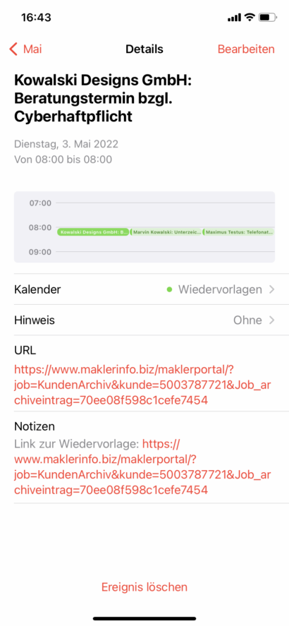 Geplanter Kalendertermin mit den dazugehörigen Notizen und der URL.