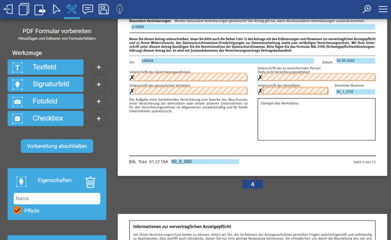 Kennzeichnete Pflichtfelder bei der E-Signatur eines Antrags in der eDocBox.