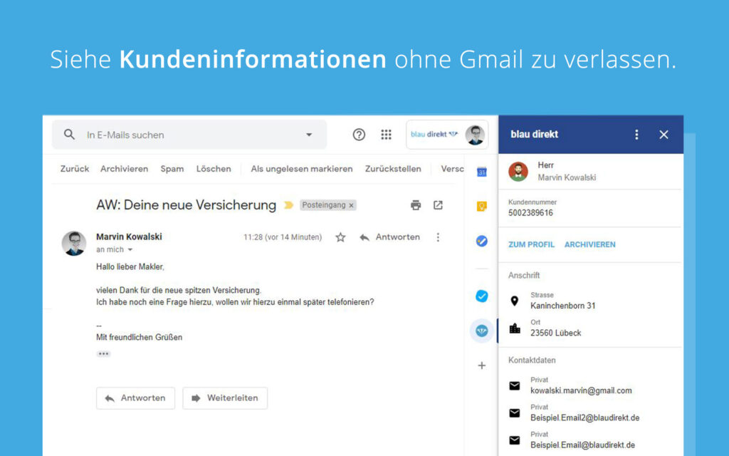 Angezeigte Kundendaten in Gmail.