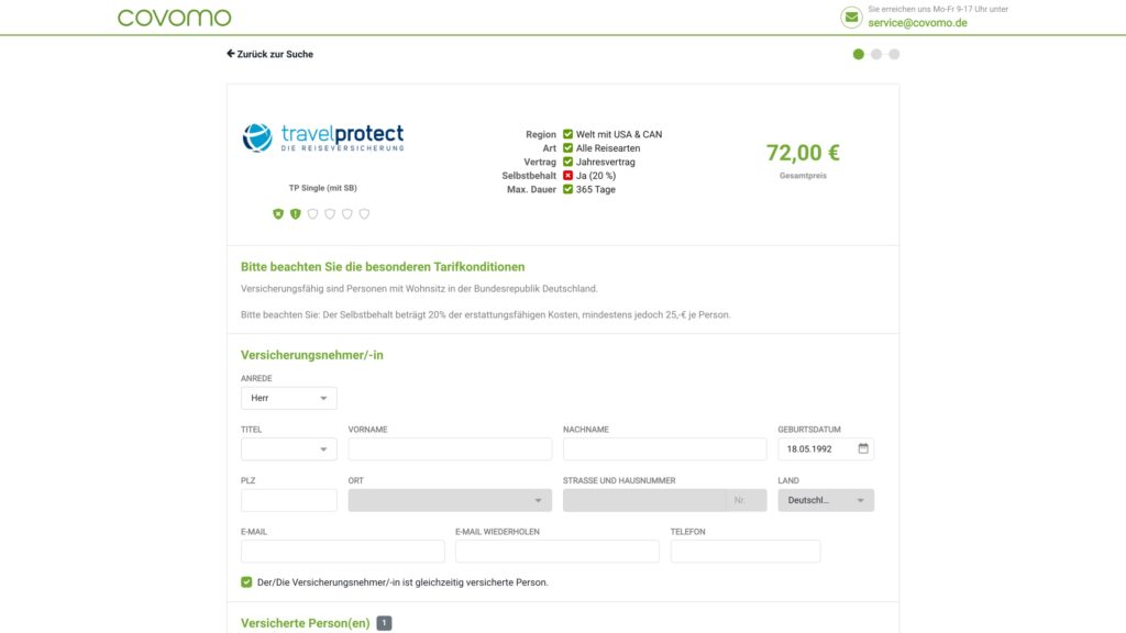 Buchungsfragebogen zu einem Reiseversicherungsprodukt von travelprotect mittels Covomo
