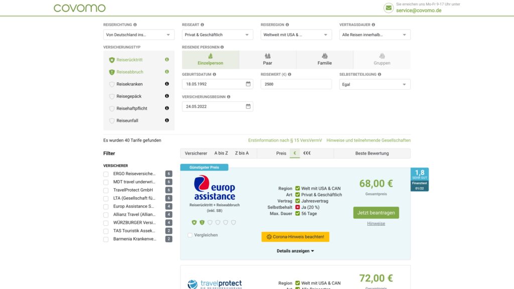 Suche einer passenden Versicherung auf Covomo.