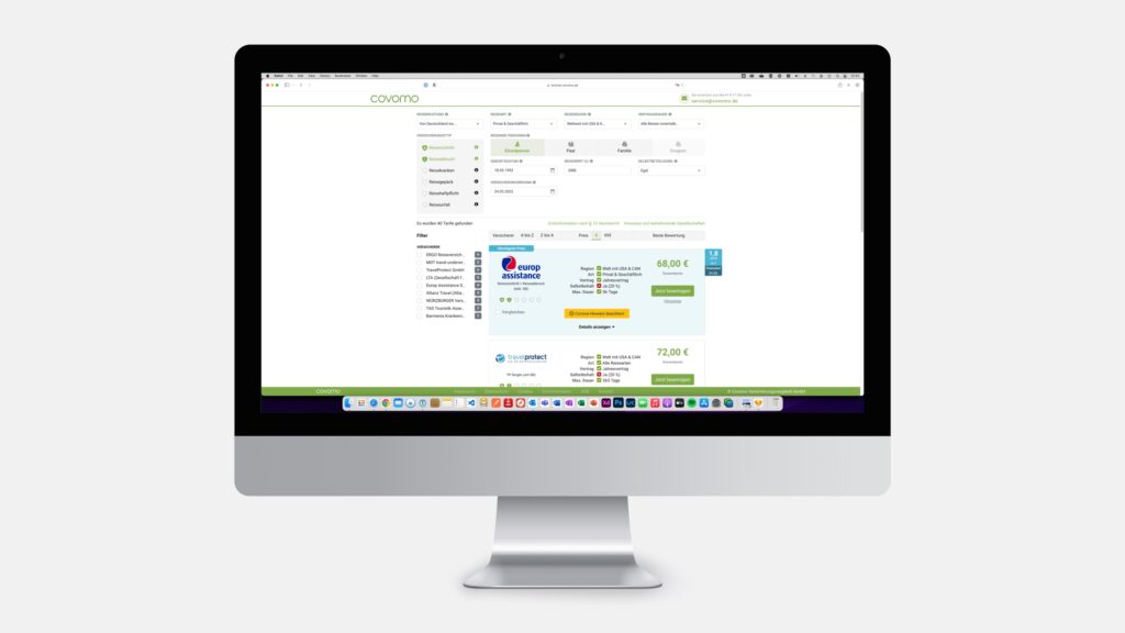 Bildschirmsuche einer passenden Versicherung auf Covomo.