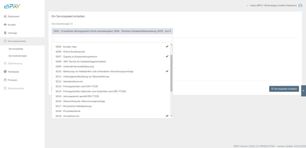 Servicepauschale von diPAY um ein Servicepaket zu erstellen.