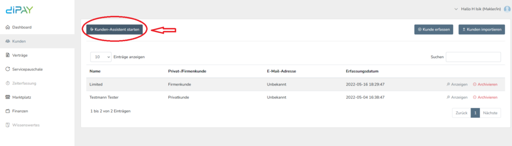 Der Kunden Assistent befindet sich oben links wenn man das Kunden Fenster öffnet.