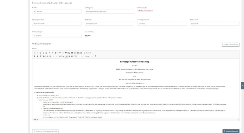 Fragebogen zur automatisierten Vertragserstellung einer Servicegebührenvereinbarung