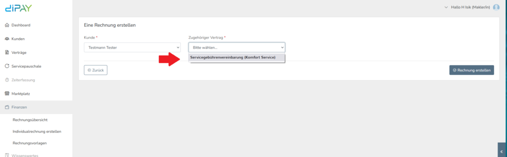 Um eine Rechnung zu erstellen, wählt man die Servicegebührenvereinbarung (Komfort Service) als zugehöriger Vertrag aus.