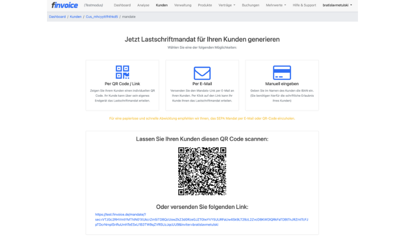 Lastschriftmandate erteilen mit den Optionen QR-Code, per E-Mail, oder mit manueller Eingabe.
