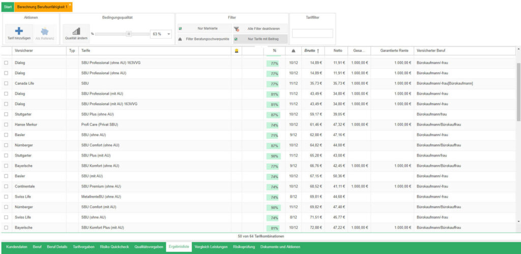 Tabellenübersicht von verschiedenen BU-Tarifen bei verschiedenen Versicherern mit Informationen wie garantieren Rente und Versichererberuf.