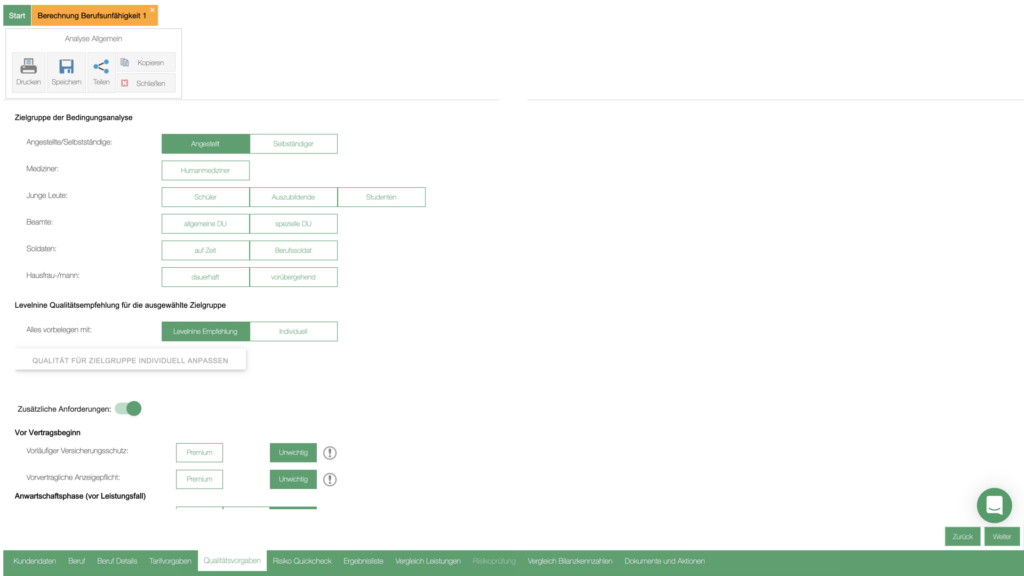 Berechnung Berufsunfähigkeit 1 mit Fragebogen zur Zielgruppe der Bedingungsanalyse, die Levelnine Qualitätsempfehlung für die ausgewählte Zielgruppe, und zusätzliche Anforderungen.