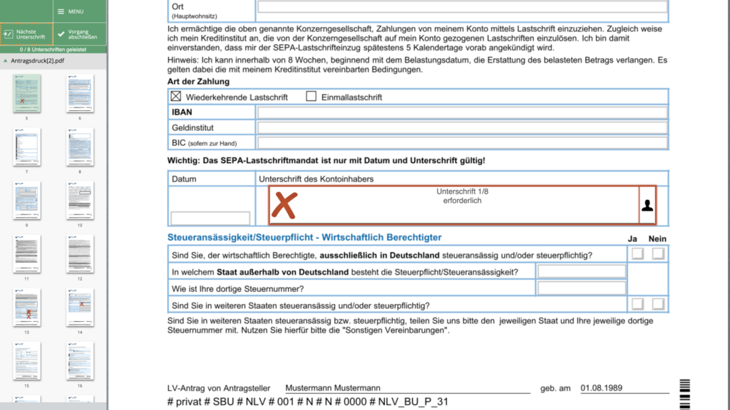 Erforderliche Unterschrift eines SEPA-Lastschriftmandats.