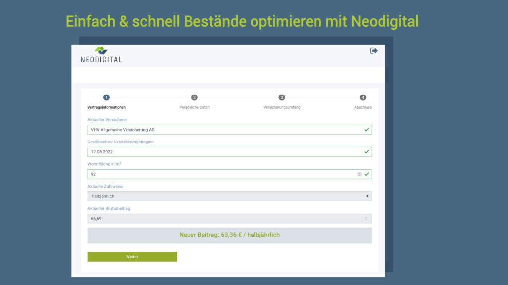 Schritt 1: Vertragsinformationen wie aktueller Versicherer, gewünschter Versicherungsbeginn, Neuer Beitrag usw.