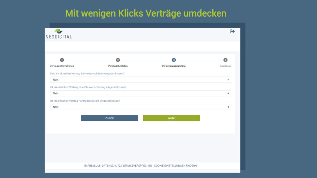 Schritt 3: Versicherungsumfang mit Fragen zu Elementarschäden,, Glasversicherung, und Fahrraddiebstahl.