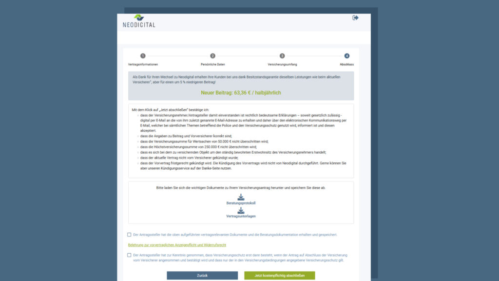 Schritt 4: Abschluss, wo mann den Beratungsprotokoll und Vertragsunterlagen hochladen kann.