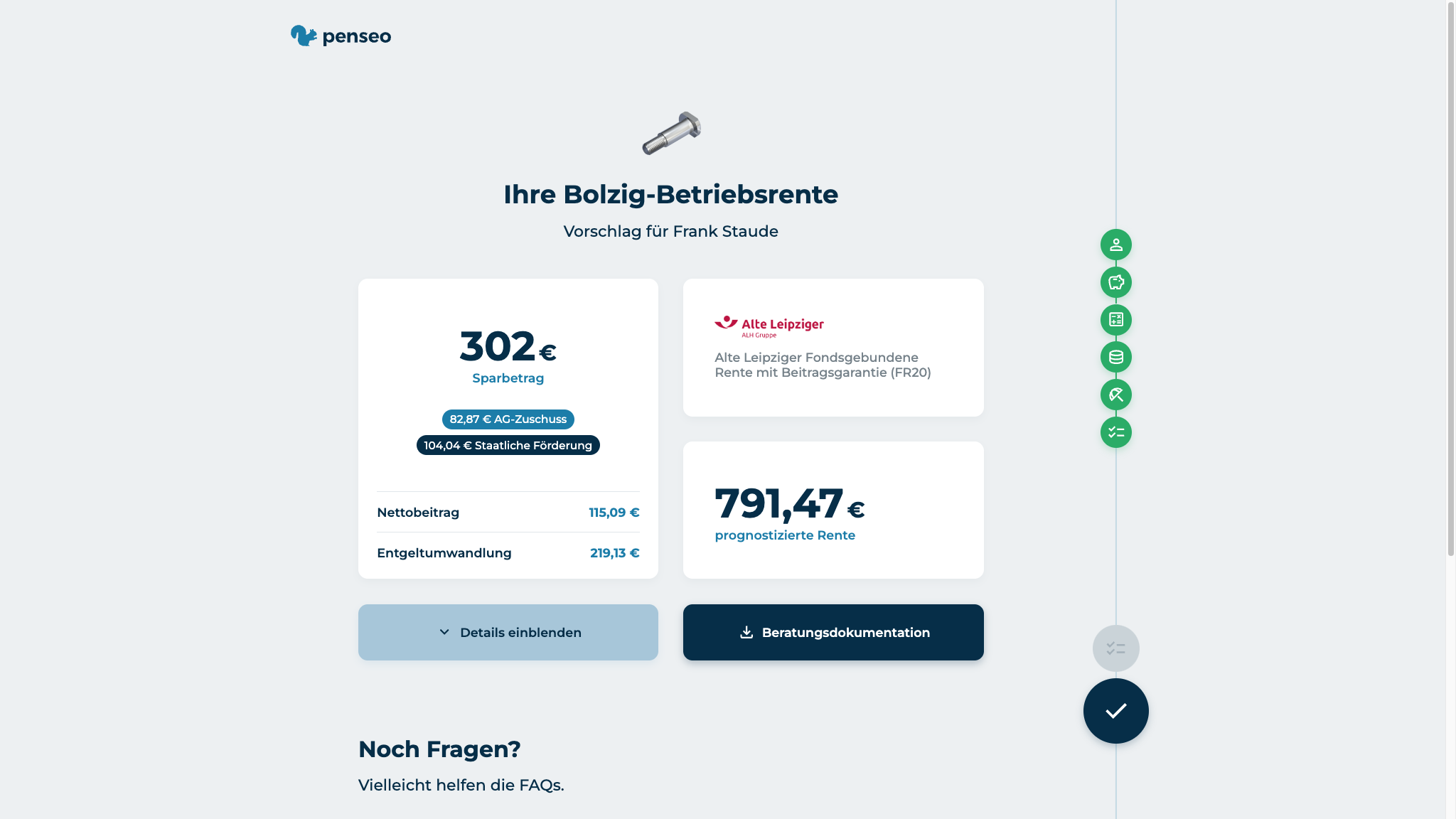 Bolzig-Betriebsrente Ablauf mit dem Sparbetrag und der prognostizierten Rente