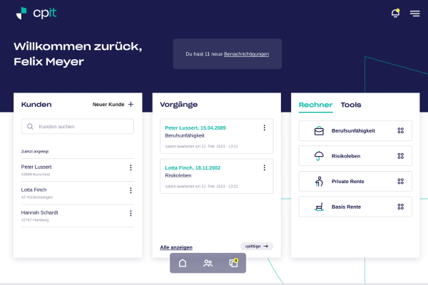 Es wird ein Kunde-Dashboard auf Comparit gezeigt, mit drei Spalten. Links ist die Kundeliste. In der Mitte sieht man zwei Vorgänge und Rechts ist die Spalte in Rechner und Tools aufgeteilt.