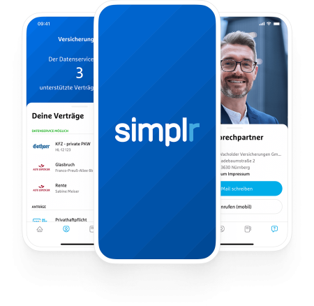 Drei Handy Displays: auf dem linken sieht man eine Verträgen Auflistung, in der Mitte das simplr Logo, und auf dem rechten einen Ansprechpartner mit Daten sowie die Optionen E-Mail schreiben und anrufen.
